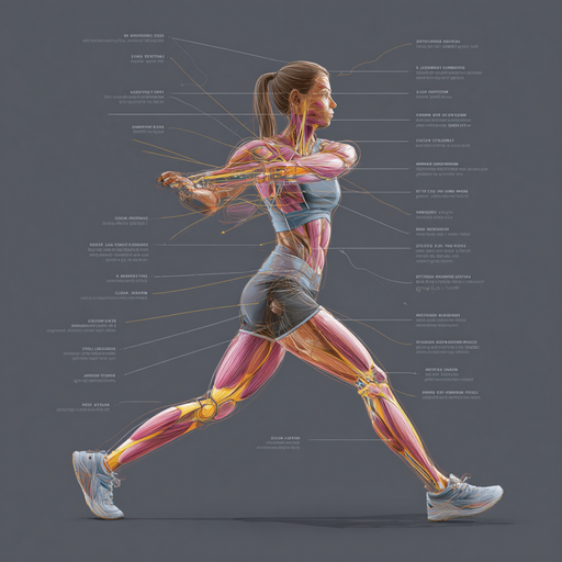 A clean technical-style anatomical illustration of a female athlete highlighting major muscle groups used in lacrosse training, detailed and labeled glutes and hamstrings, core stability muscles, and upper-body push/pull muscles