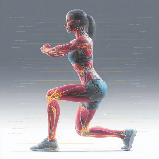 A clean technical-style anatomical illustration of a female athlete performing air squats