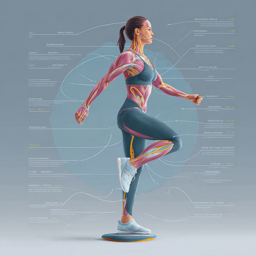 A clean technical-style anatomical illustration of a female athlete performing leg balance on BOSU