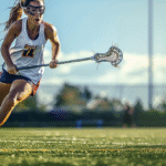 A hyper-realistic female lacrosse player sprinting and dodging on the field, in an intense athletic movement