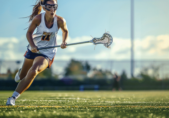 A hyper-realistic female lacrosse player sprinting and dodging on the field, in an intense athletic movement