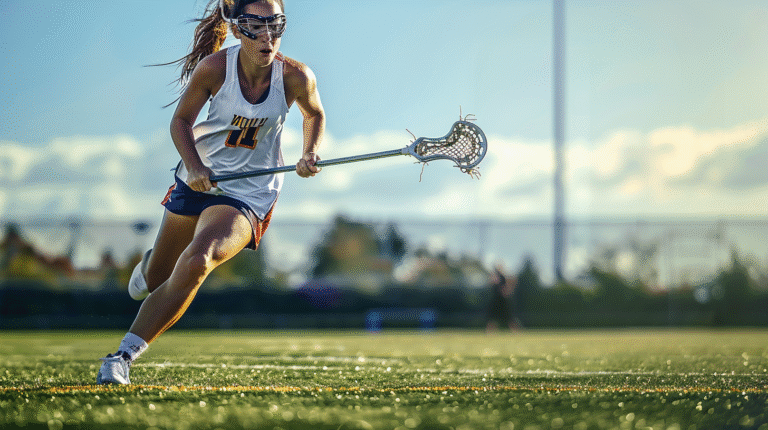 A hyper-realistic female lacrosse player sprinting and dodging on the field, in an intense athletic movement