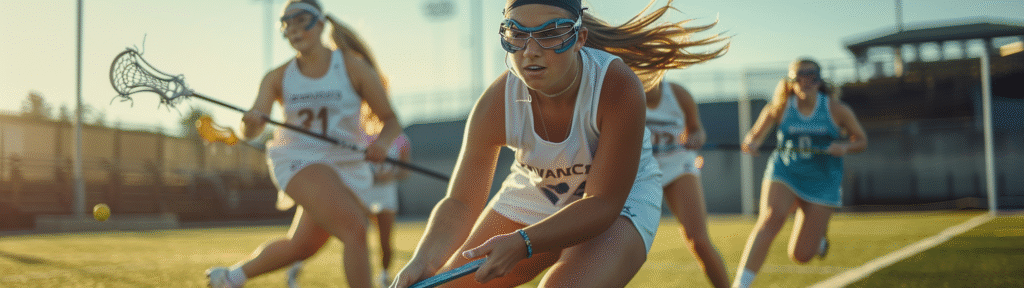 A team of women practicing lacrosse on a lacrosse field in an intense athletic movement.