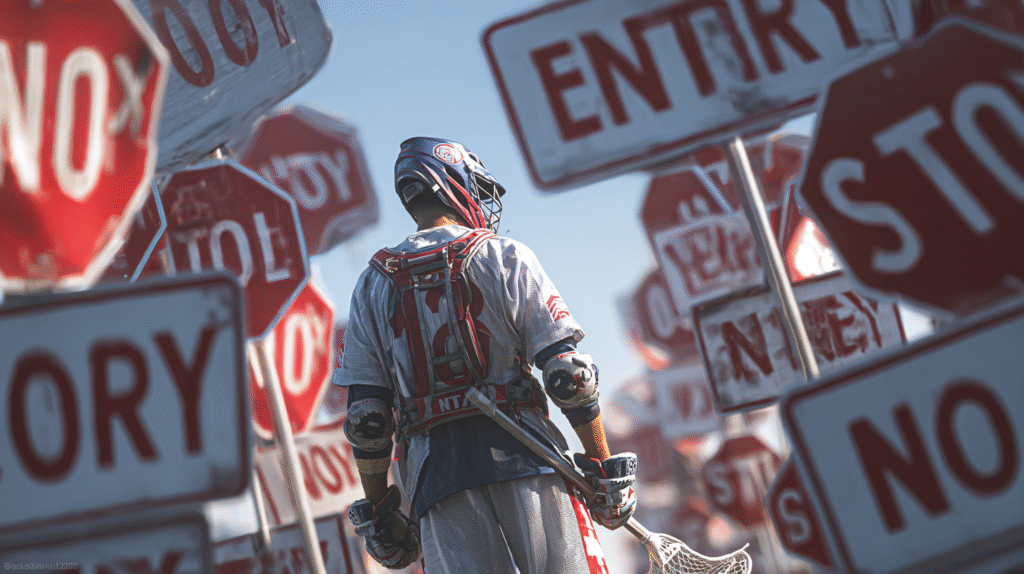 A lacrosse player in full gear holding his stick, surrounded by red and white “No entry” and “Stop” road signs, symbolizing classic beginner lacrosse mistakes.