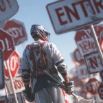 A lacrosse player in full gear holding his stick, surrounded by red and white “No entry” and “Stop” road signs, symbolizing classic beginner lacrosse mistakes.