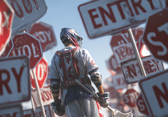 A lacrosse player in full gear holding his stick, surrounded by red and white “No entry” and “Stop” road signs, symbolizing classic beginner lacrosse mistakes.