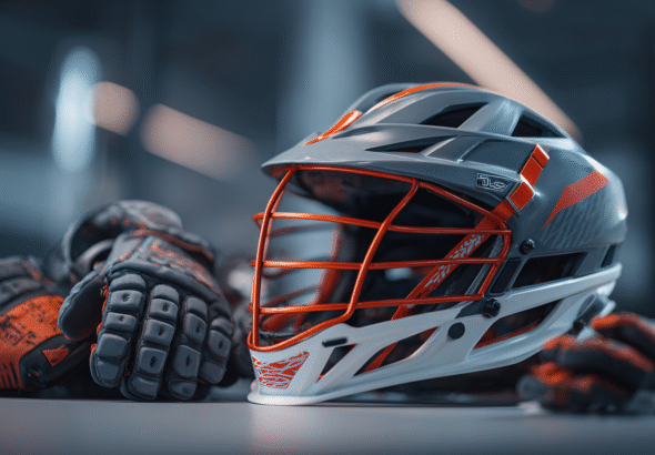 Close-up of an orange and gray lacrosse helmet with gloves, essential protective equipment for the sport.