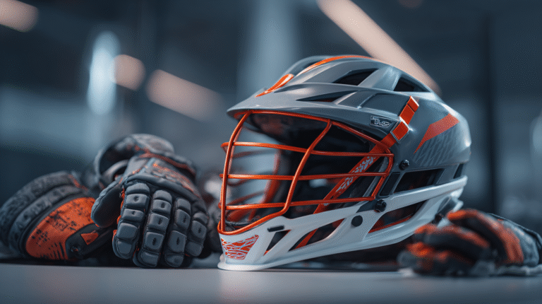 Close-up of an orange and gray lacrosse helmet with gloves, essential protective equipment for the sport.