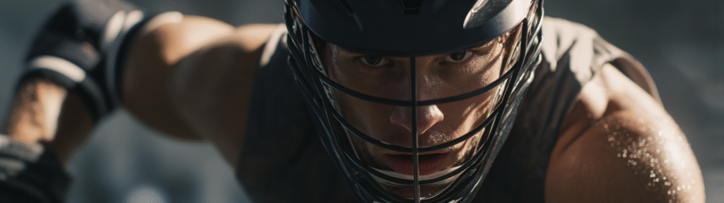 Close-up of a Lacrosse athlete wearing a black helmet and shoulder pad, with intense focus on his face, riding in training.