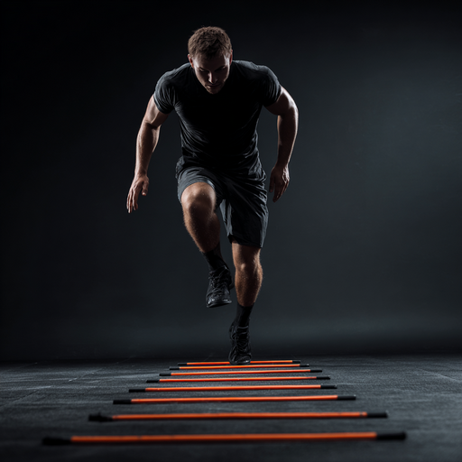 A male athlete in a black t-shirt and shorts is jumping on orange agility ladders, a drill recommended to help avoid classic beginner lacrosse mistakes.