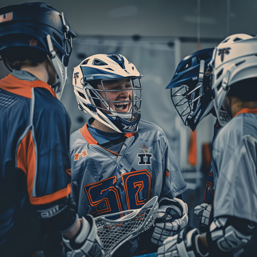Youth Lacrosse in the United States: a high school lacrosse player laughing with his team, wearing their gray and blue gear, standing on the field of an indoor facility.