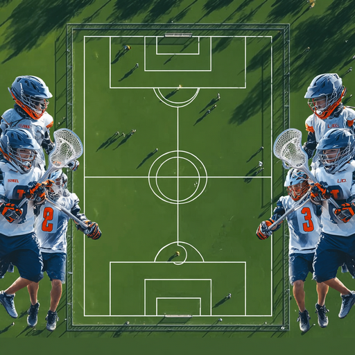 Top view illustration of a lacrosse field in Youth Lacrosse in the United States, showing several players in lacrosse gear holding sticks and playing against each other on green grass.