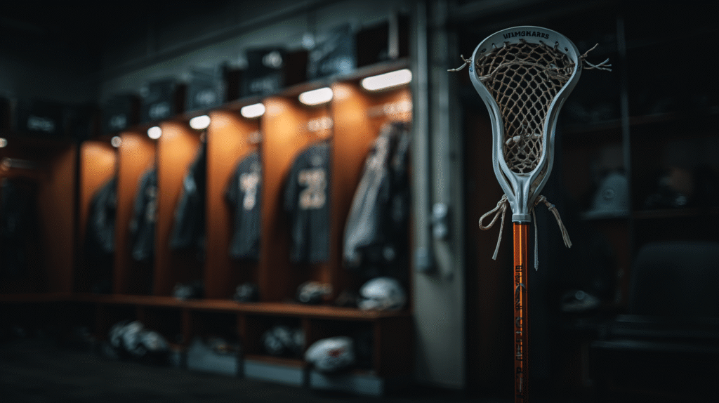 Best Lacrosse stick in 2026 hanging in a U.S. locker room, showcasing modern head, mesh, and shaft design.