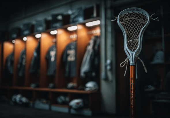 Best Lacrosse stick in 2026 hanging in a U.S. locker room, showcasing modern head, mesh, and shaft design.