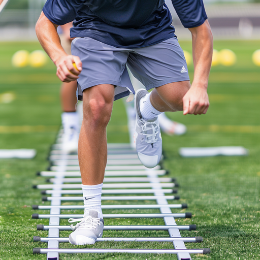 Correct foot placement during lacrosse ladder drills showing two feet inside each box with low athletic stance – Lacrosse footwork drills.