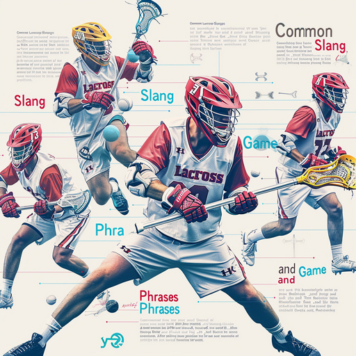 Infographic-style poster from the "Glossary of Lacrosse Terms" showing lacrosse players in dynamic poses, illustrating stick formations, motion, and common expressions in gameplay.