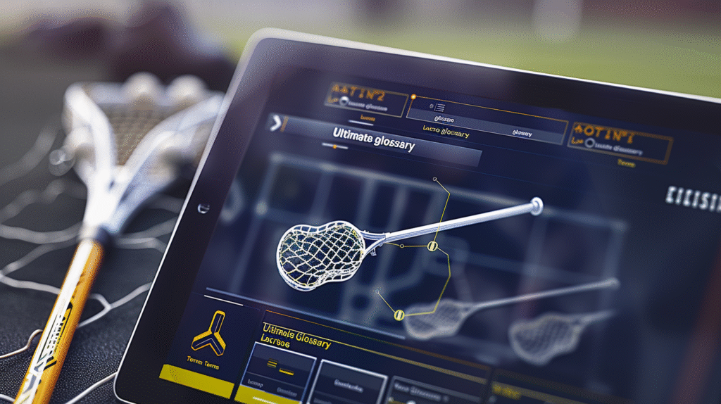 A modern digital tablet showing a glossary of Lacrosse terms, featuring lacrosse sticks, set against a sports field, highlighting data visualization.