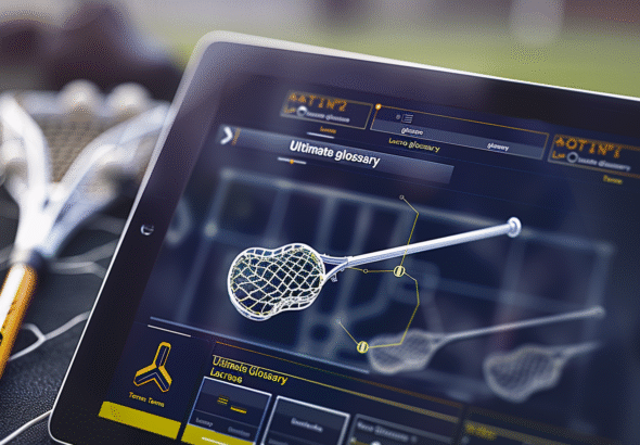 A modern digital tablet showing a glossary of Lacrosse terms, featuring lacrosse sticks, set against a sports field, highlighting data visualization.