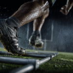 A close-up of a Lacrosse player's foot and shoes performing Lacrosse footwork drills while jumping over an agility ladder's metallic bars on a grass field during a rainy night under stadium lights.