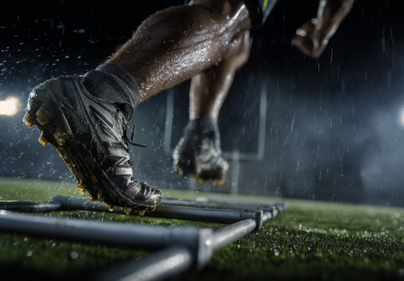 A close-up of a Lacrosse player's foot and shoes performing Lacrosse footwork drills while jumping over an agility ladder's metallic bars on a grass field during a rainy night under stadium lights.