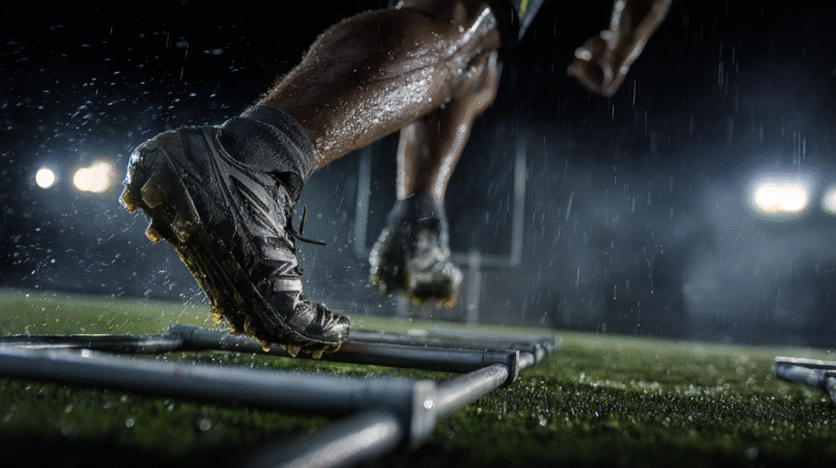 A close-up of a Lacrosse player's foot and shoes performing Lacrosse footwork drills while jumping over an agility ladder's metallic bars on a grass field during a rainy night under stadium lights.