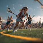 High-resolution action photo illustrating Women’s Lacrosse Rules Explained: female lacrosse players in motion on the field with data-style overlays tracking movements and expressions, one athlete sprinting toward goal with her stick while others compete in the blurred background before cheering spectators.
