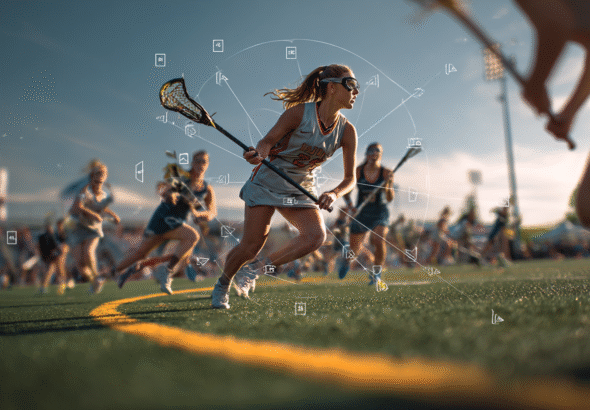 High-resolution action photo illustrating Women’s Lacrosse Rules Explained: female lacrosse players in motion on the field with data-style overlays tracking movements and expressions, one athlete sprinting toward goal with her stick while others compete in the blurred background before cheering spectators.