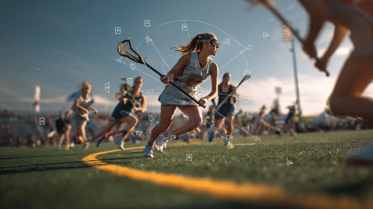 High-resolution action photo illustrating Women’s Lacrosse Rules Explained: female lacrosse players in motion on the field with data-style overlays tracking movements and expressions, one athlete sprinting toward goal with her stick while others compete in the blurred background before cheering spectators.