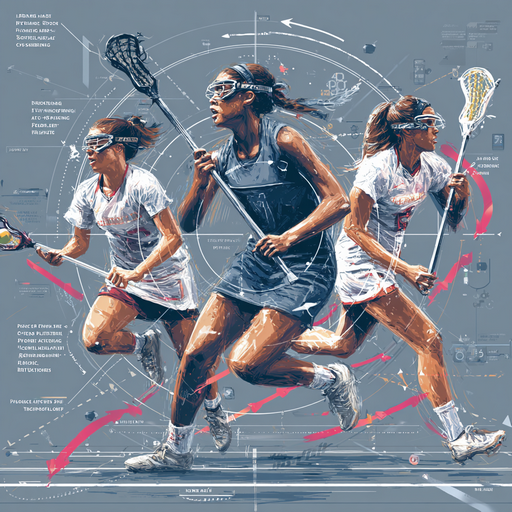 Illustration for Women’s Lacrosse Rules Explained showing female players in action depicted like mechanical engineering components, emphasizing speed, agility, strength, and technique, detailed vectorized style in muted black and grey, highlighting precision and dynamic movement.