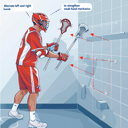 Diagram showing how to alternate left and right hands to strengthen weak-hand mechanics in Master Lacrosse Wall Ball practice.