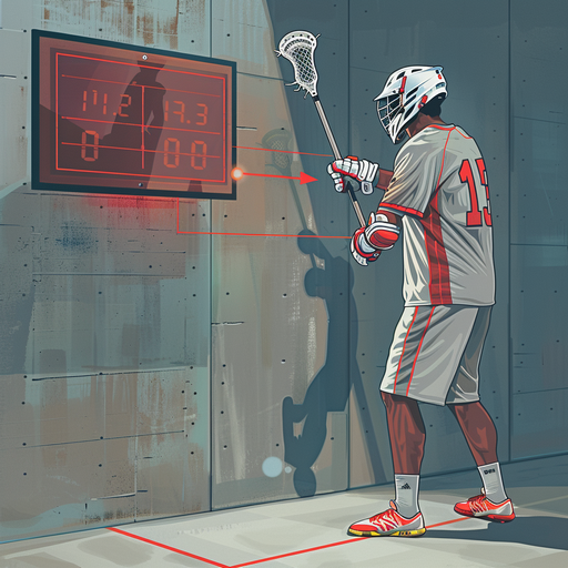 A digital illustration of a Lacrosse athlete holding a stick and looking at a game clock on the wall before practising Master Lacrosse Wall Ball timed drills.
