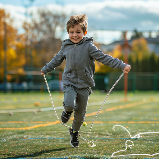 A joyful young child in a tracksuit or cardio training clothes, happily jumping rope on a Lacrosse field, helping youth Lacrosse improve.