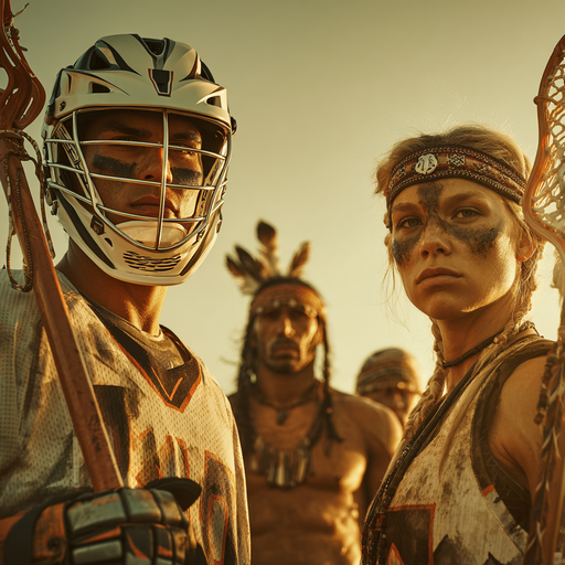 A male and female Lacrosse players with a traditional Native American behind them, representing the origins of Lacrosse.