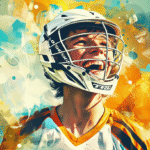 An excited male teenager playing Lacrosse for beginners, wearing a helmet and holding a stick, a yellow ball flying nearby, wearing a white jersey with orange accents, with dynamic brush strokes and splashes of color creating a lively atmosphere.