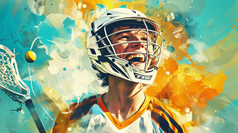 An excited male teenager playing Lacrosse for beginners, wearing a helmet and holding a stick, a yellow ball flying nearby, wearing a white jersey with orange accents, with dynamic brush strokes and splashes of color creating a lively atmosphere.