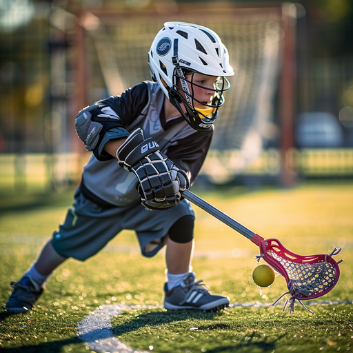 A young boy playing Lacrosse on the field, wearing gloves and a helmet with a stick in hand, trying to hit the ball into the goal, helping youth Lacrosse improve.