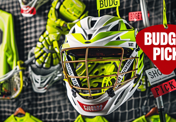 Bright yellow and lime green helmet, sticks, gloves, pads, and cleats are placed next to each other in front of a net on a dark pink background, showcasing affordable lacrosse gear. A label 'Budget pick' hangs next to the items, along with a large dollar sign symbol.