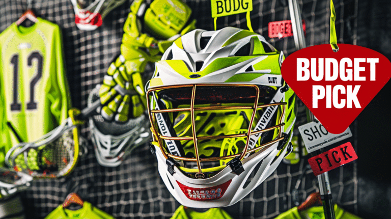 Bright yellow and lime green helmet, sticks, gloves, pads, and cleats are placed next to each other in front of a net on a dark pink background, showcasing affordable lacrosse gear. A label 'Budget pick' hangs next to the items, along with a large dollar sign symbol.