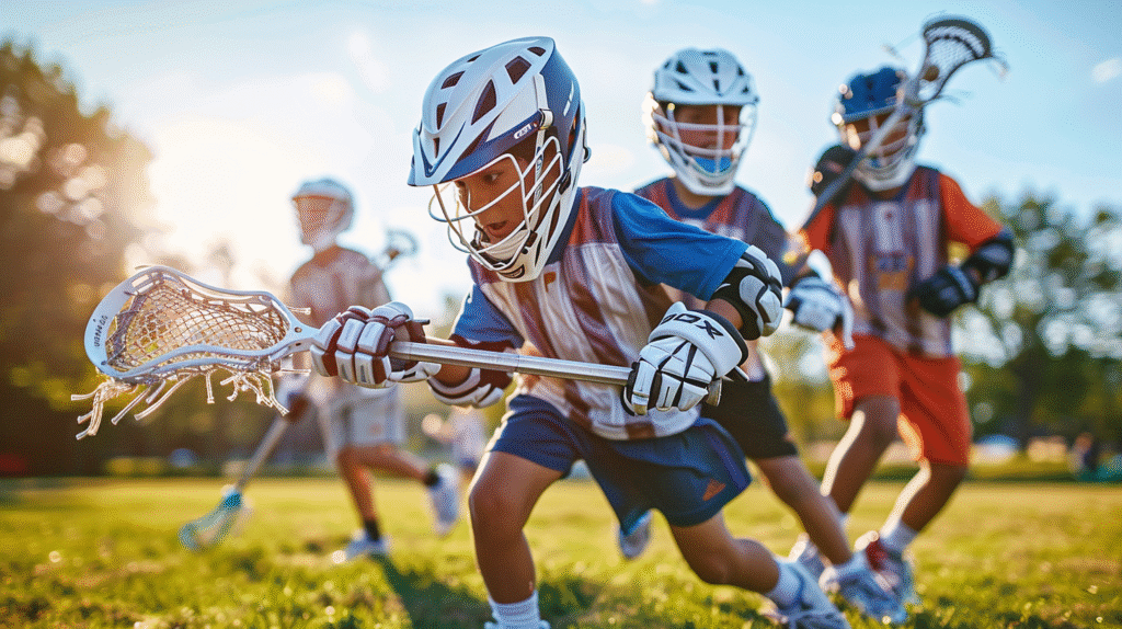 A group of young boys playing lacrosse on the field with their sticks and helmets during an outdoor game, illustrating the best age to start lacrosse for kids and teens.