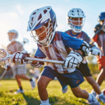 A group of young boys playing lacrosse on the field with their sticks and helmets during an outdoor game, illustrating the best age to start lacrosse for kids and teens.