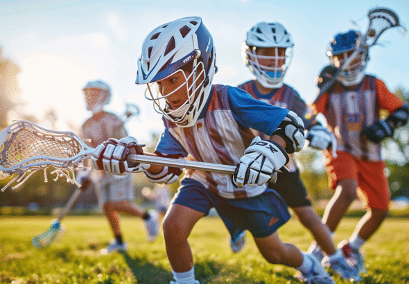 A group of young boys playing lacrosse on the field with their sticks and helmets during an outdoor game, illustrating the best age to start lacrosse for kids and teens.