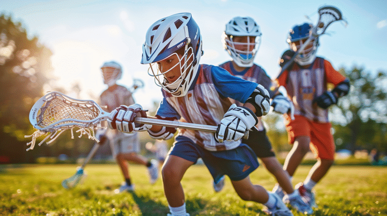 A group of young boys playing lacrosse on the field with their sticks and helmets during an outdoor game, illustrating the best age to start lacrosse for kids and teens.