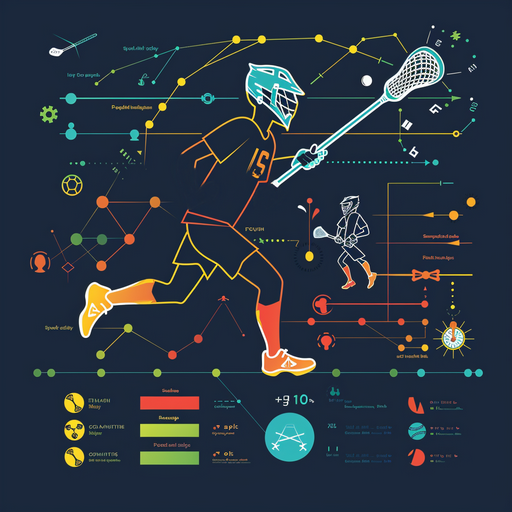 Clean graphic layout with simplified icons and the silhouette of a child/teen running and practicing lacrosse, arrows and motion lines emphasizing speed, progress indicators for endurance, illustrating the best age to start lacrosse.