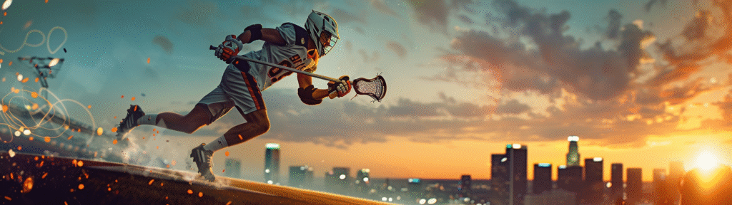 A male Lacrosse player soaring mid-air to score a goal at the Lacrosse event at Los Angeles 2028, with stadium lights glowing and the Los Angeles skyline at sunset.