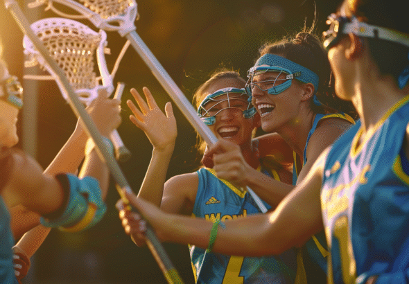 Female Lacrosse players celebrating a goal while playing women’s Lacrosse, tight composition emphasizing emotional connection and trust.