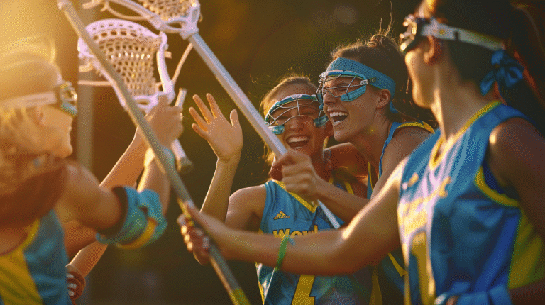 Female Lacrosse players celebrating a goal while playing women’s Lacrosse, tight composition emphasizing emotional connection and trust.