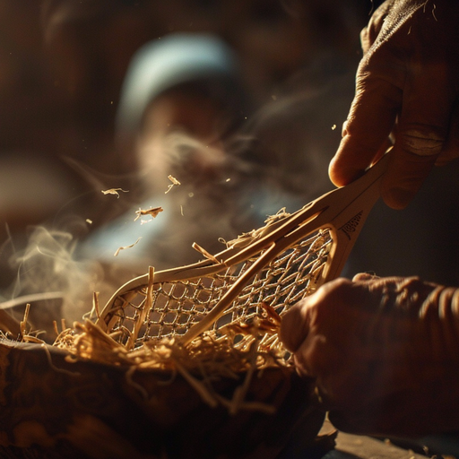 Extreme macro close-up of skilled hands carving a hickory Lacrosse stick, showcasing the origins of Lacrosse.