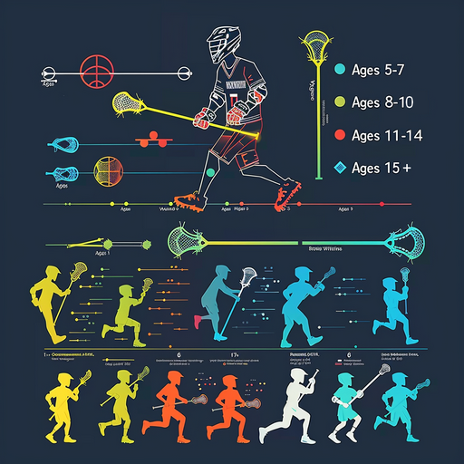 Infographic-style illustration showing children and teens training in lacrosse by age groups: 'Ages 5–7', 'Ages 8–10', 'Ages 11–14', 'Ages 15+', illustrating the best age to start lacrosse