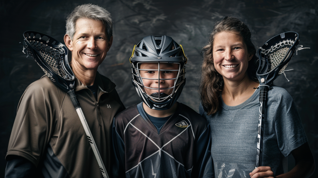 A portrait of two parents standing proudly with their teenager in Lacrosse gear, each parent holding a Lacrosse stick, helping youth Lacrosse improve, everyone smiling with confident and determined expressions.