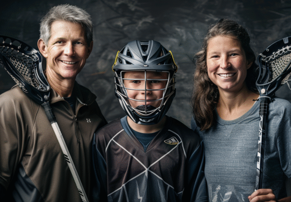 A portrait of two parents standing proudly with their teenager in Lacrosse gear, each parent holding a Lacrosse stick, helping youth Lacrosse improve, everyone smiling with confident and determined expressions.